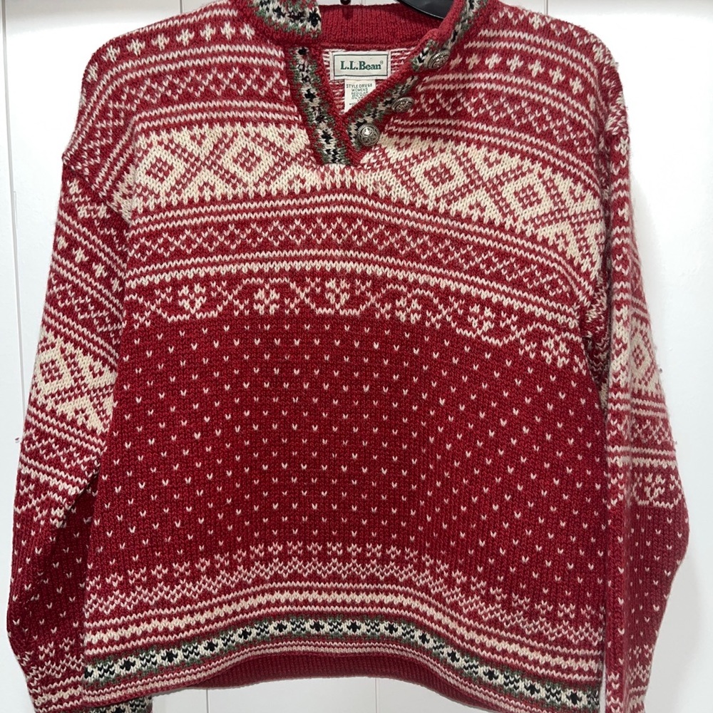Vintage LL Bean Red White Women's Fair Isle Sweater Size Large Nordic Knit USA
